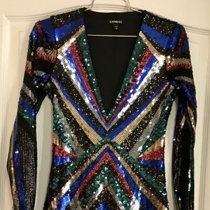 Sequin Mini Dress, V-neck, long-sleeve